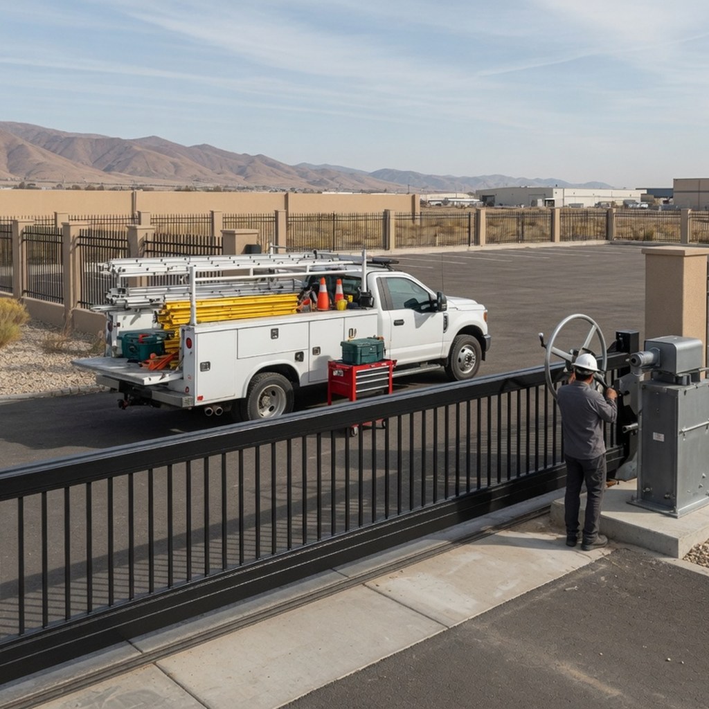 Service vehicle near a gate entrance