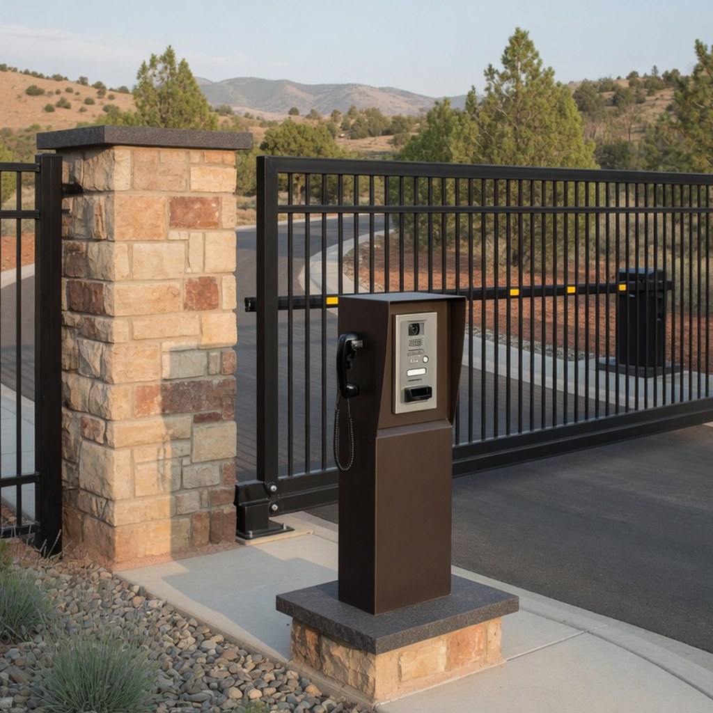 Gate intercom pedestal at a controlled entrance