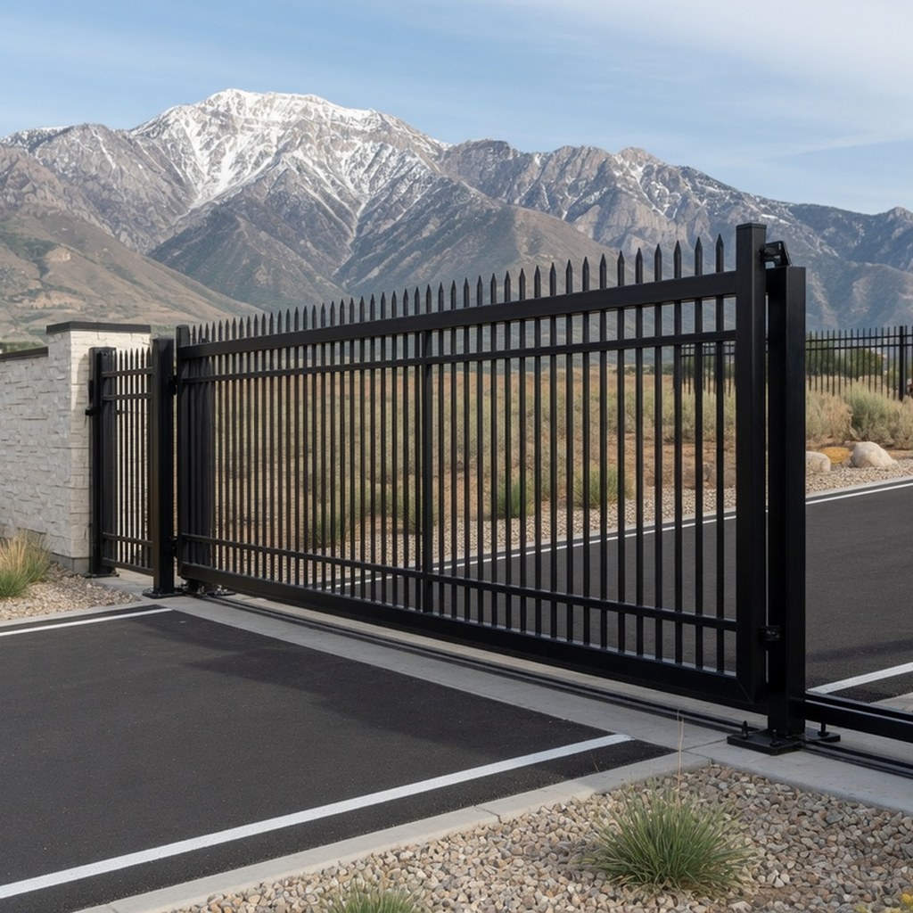 Gate entrance with Wasatch mountains in the background