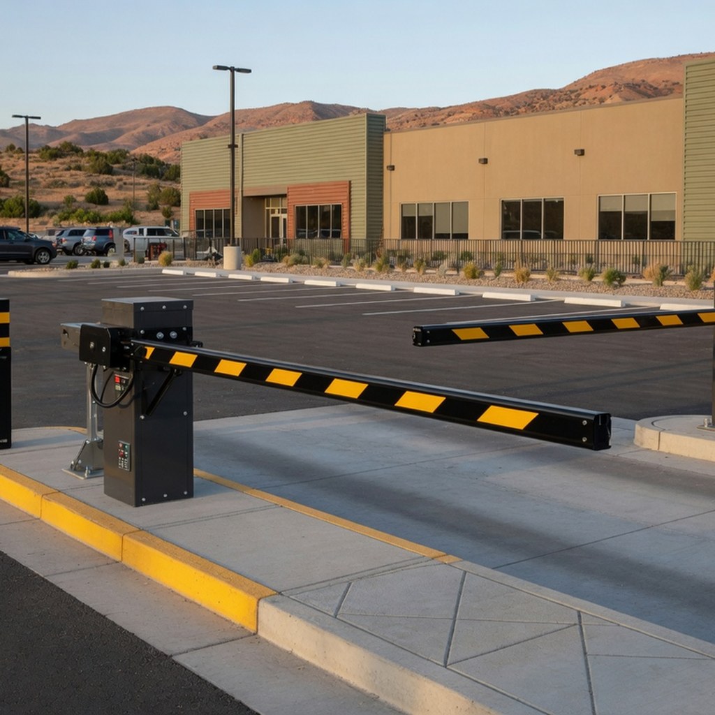 Barrier arm gate at a commercial parking entrance