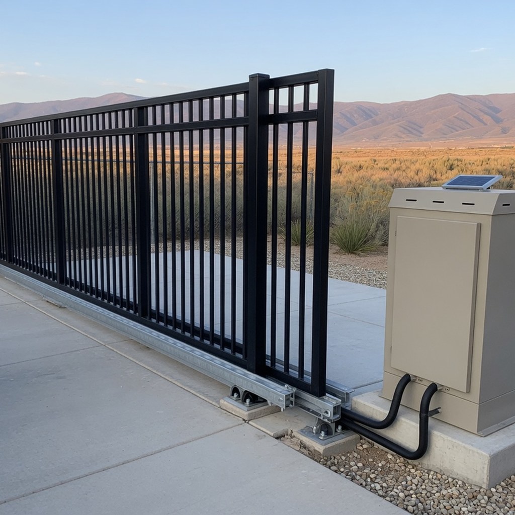 Generic gate operator cabinet beside a sliding gate