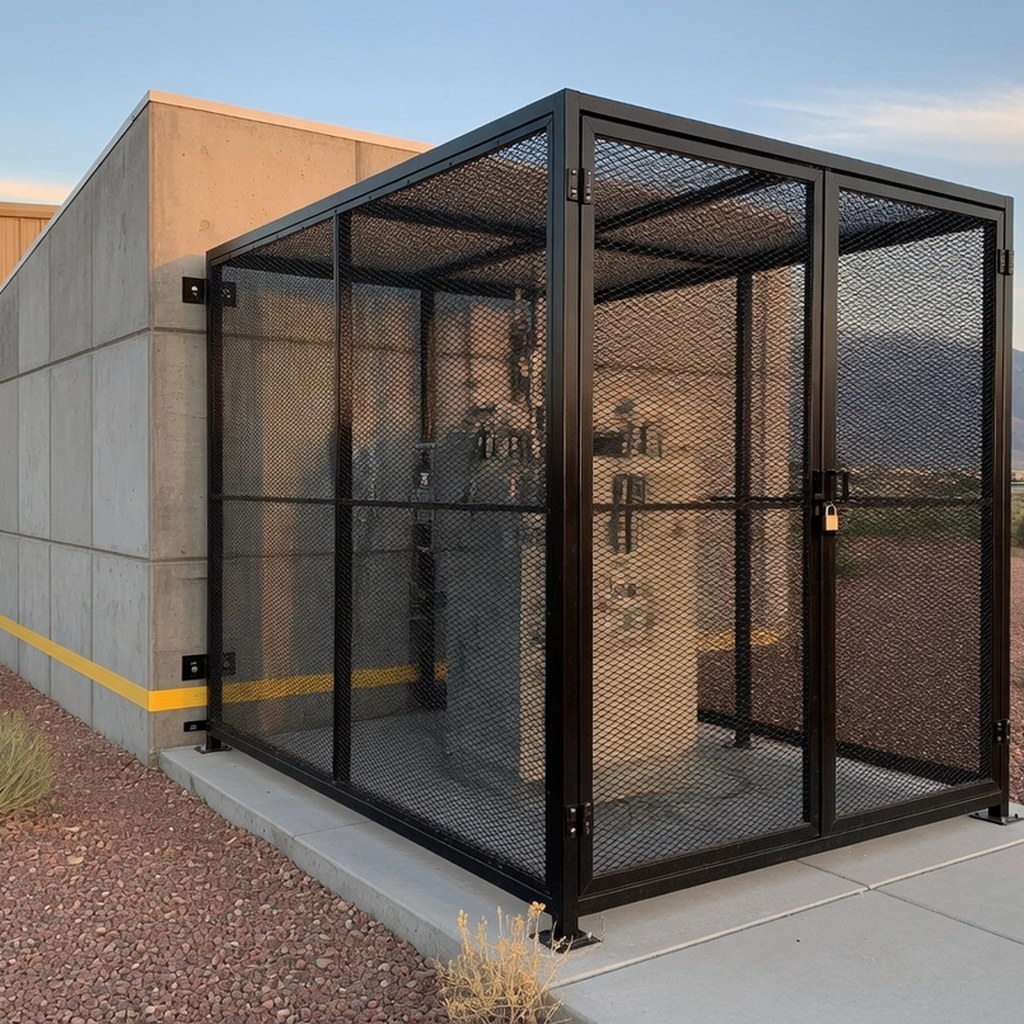 Utility enclosure metal cage beside a commercial building