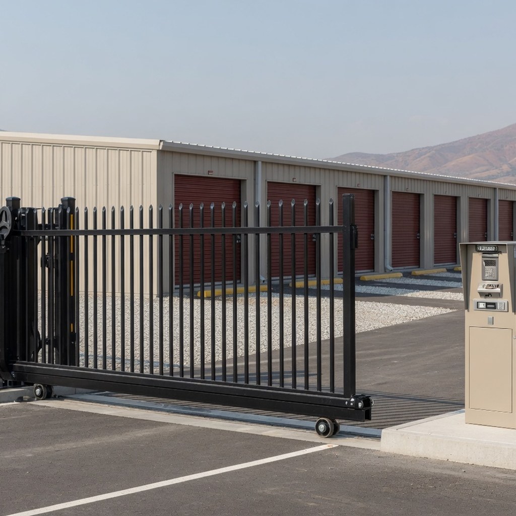 Storage facility sliding gate entrance