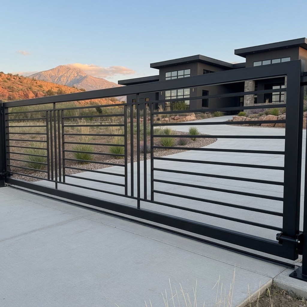 Modern black sliding driveway gate