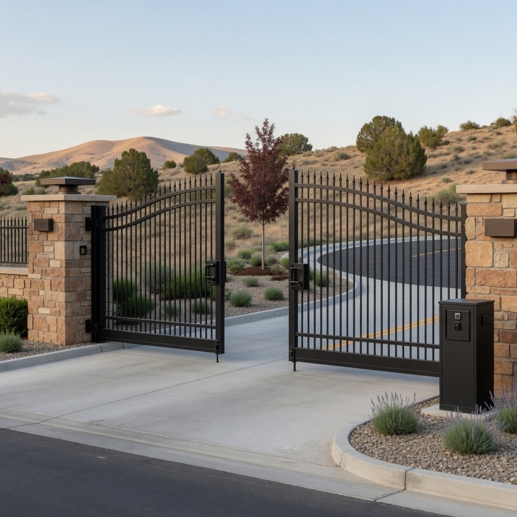 Residential HOA entry gate with access pedestal