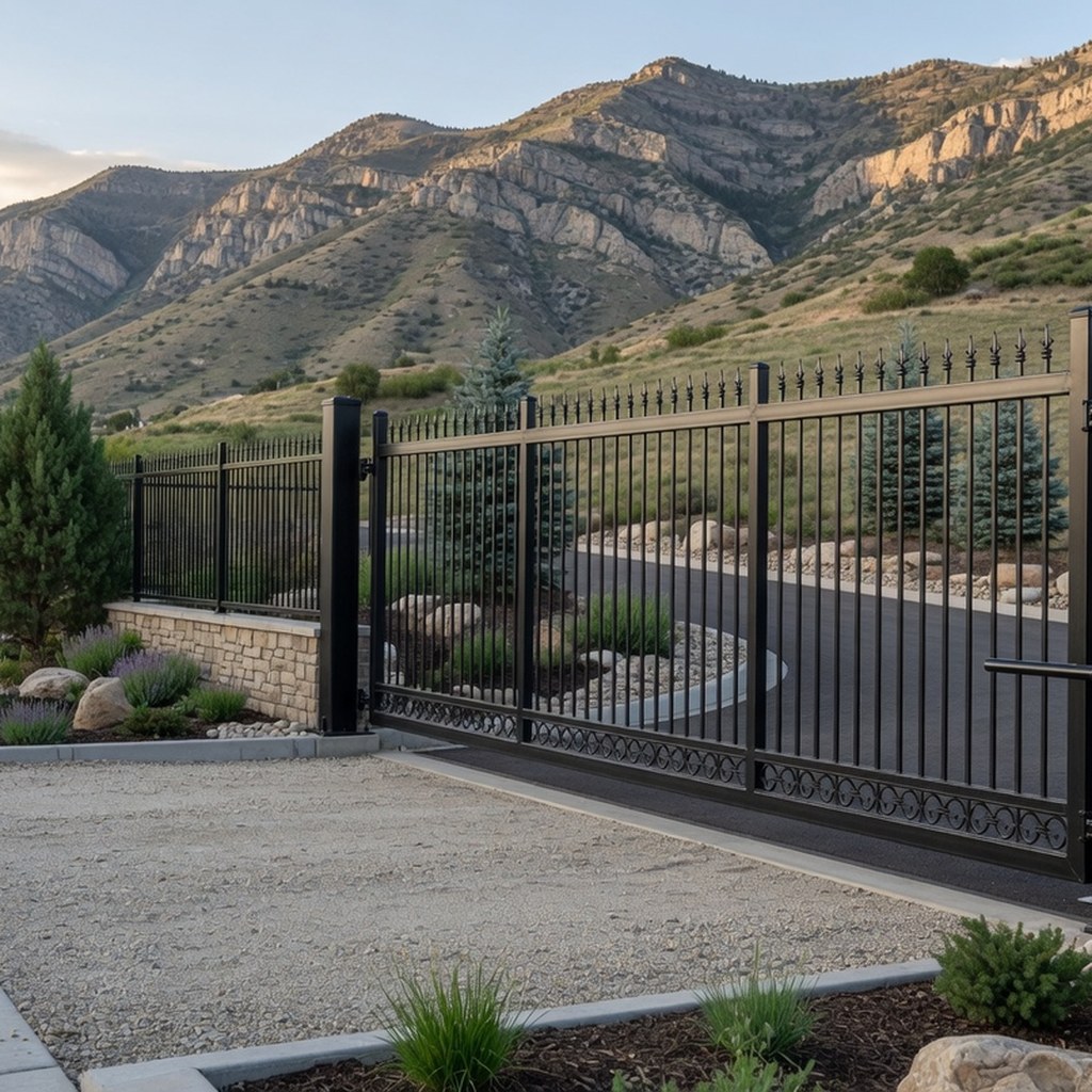 Landscaped residential swing gate entrance