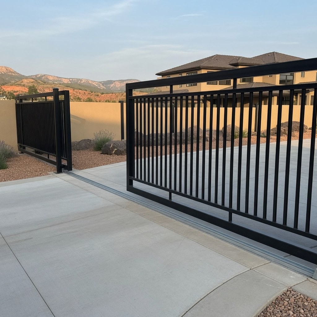 Residential sliding gate with visible track