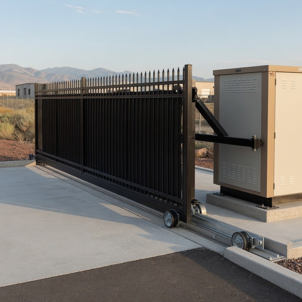 Sliding gate operator at a commercial entrance